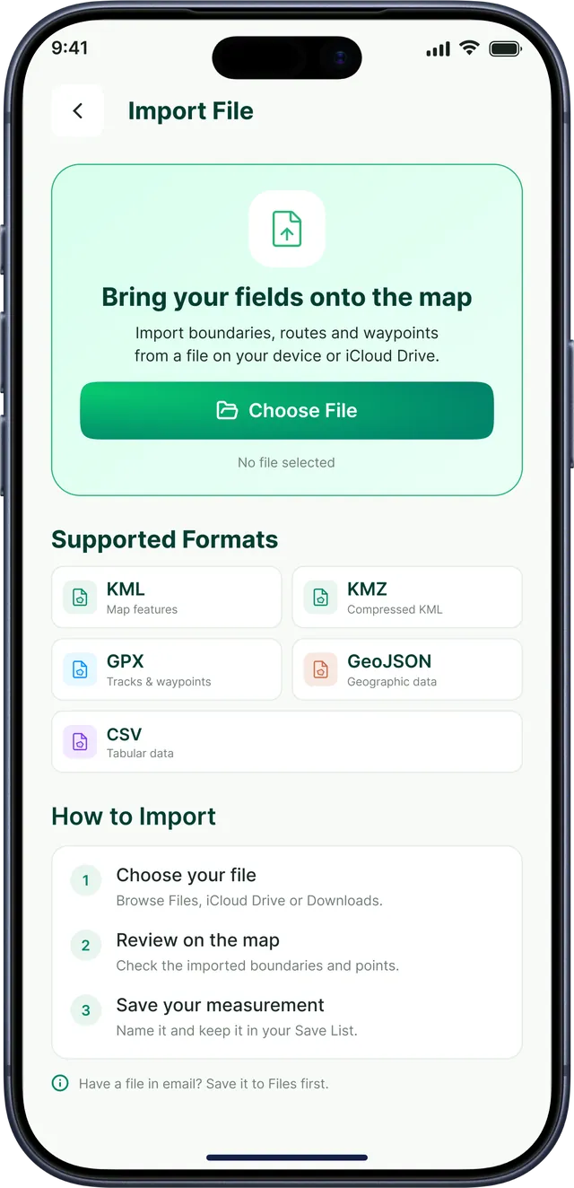 GPS Field Area Measurement app screenshot: Import KML, KMZ, GPX, GeoJSON and CSV files
