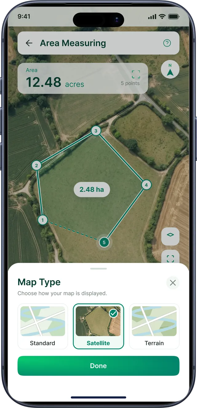 GPS Field Area Measurement app screenshot: Standard, satellite and terrain map types