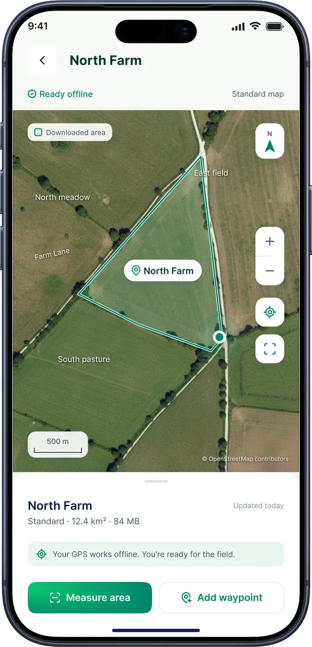 GPS Field Area Measurement app screenshot: Downloaded offline map of a farm