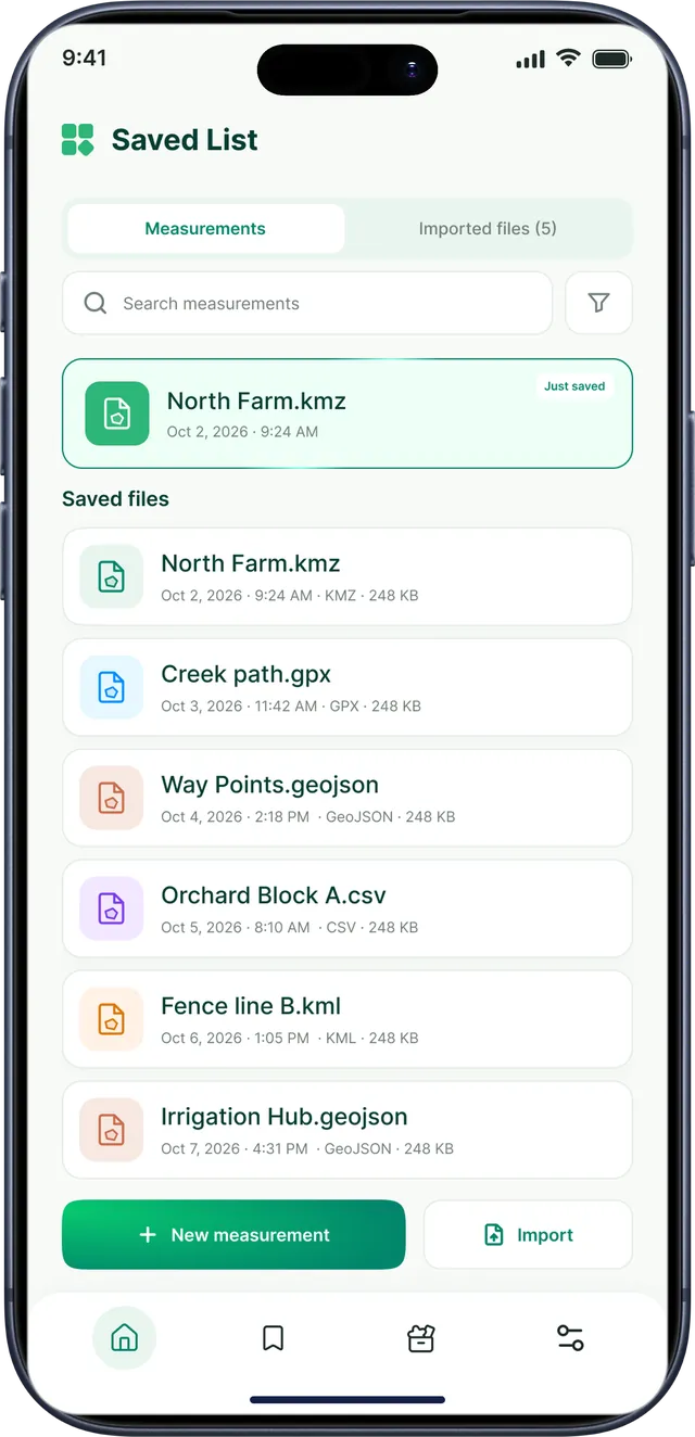GPS Field Area Measurement app screenshot: Saved measurements and imported files