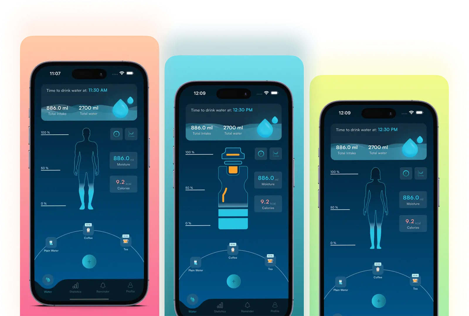 H2Glow app screens โ dashboard, tracker and statistics