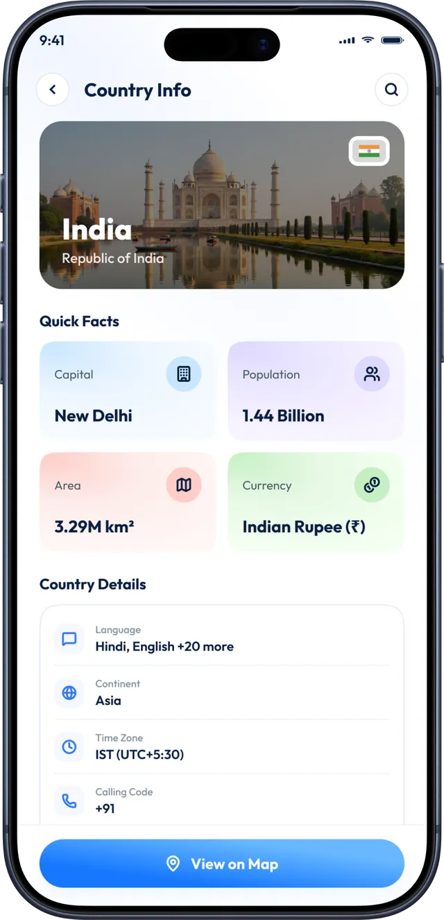 Live Earth Map app screenshot: Country explorer with quick facts