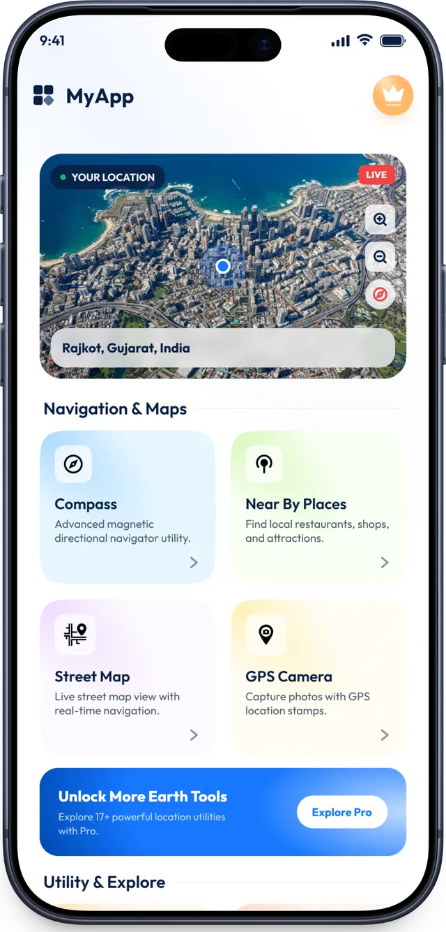 Live Earth Map app screenshot: Home dashboard with navigation, maps and utility tools