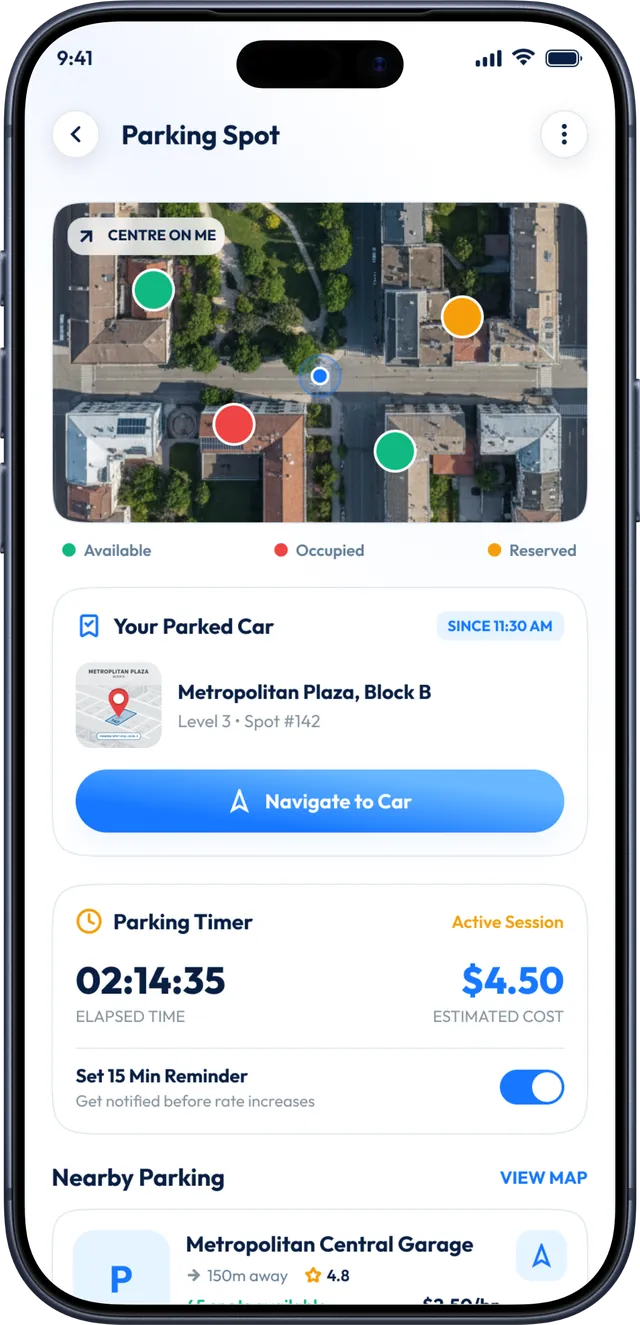 Live Earth Map app screenshot: Parking spot with timer and nearby parking