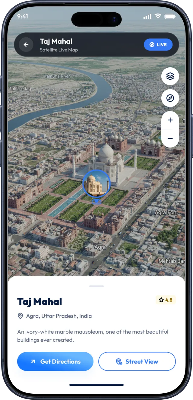 Live Earth Map app screenshot: 3D satellite view of the Taj Mahal