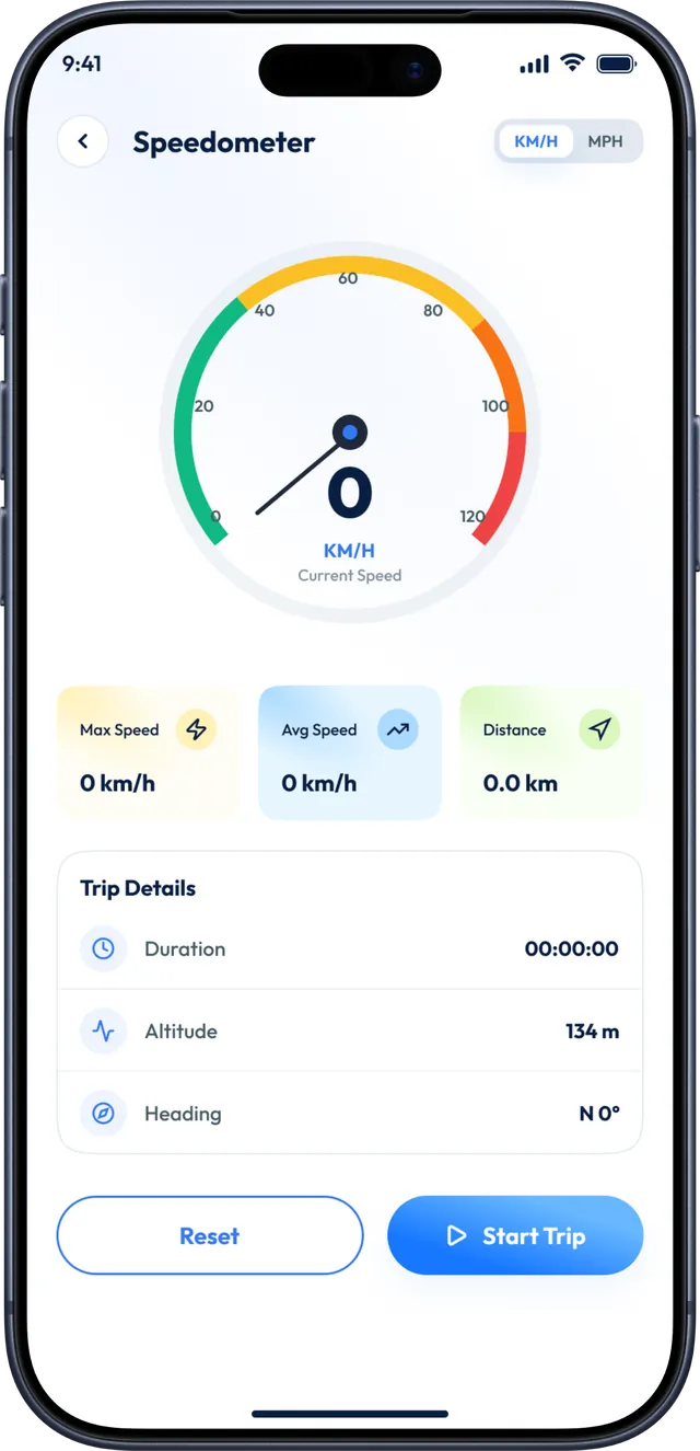 Live Earth Map app screenshot: GPS speedometer with trip details