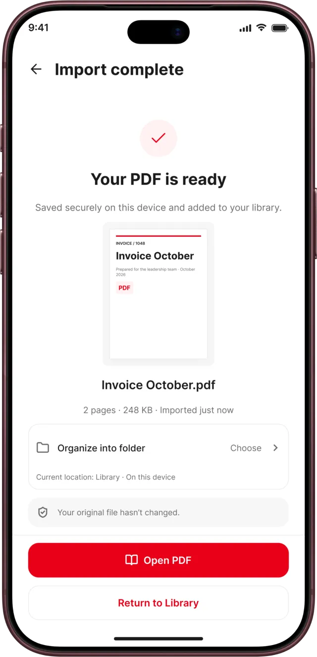 PDF Reader app screenshot: Import complete with Open PDF and Organize into folder