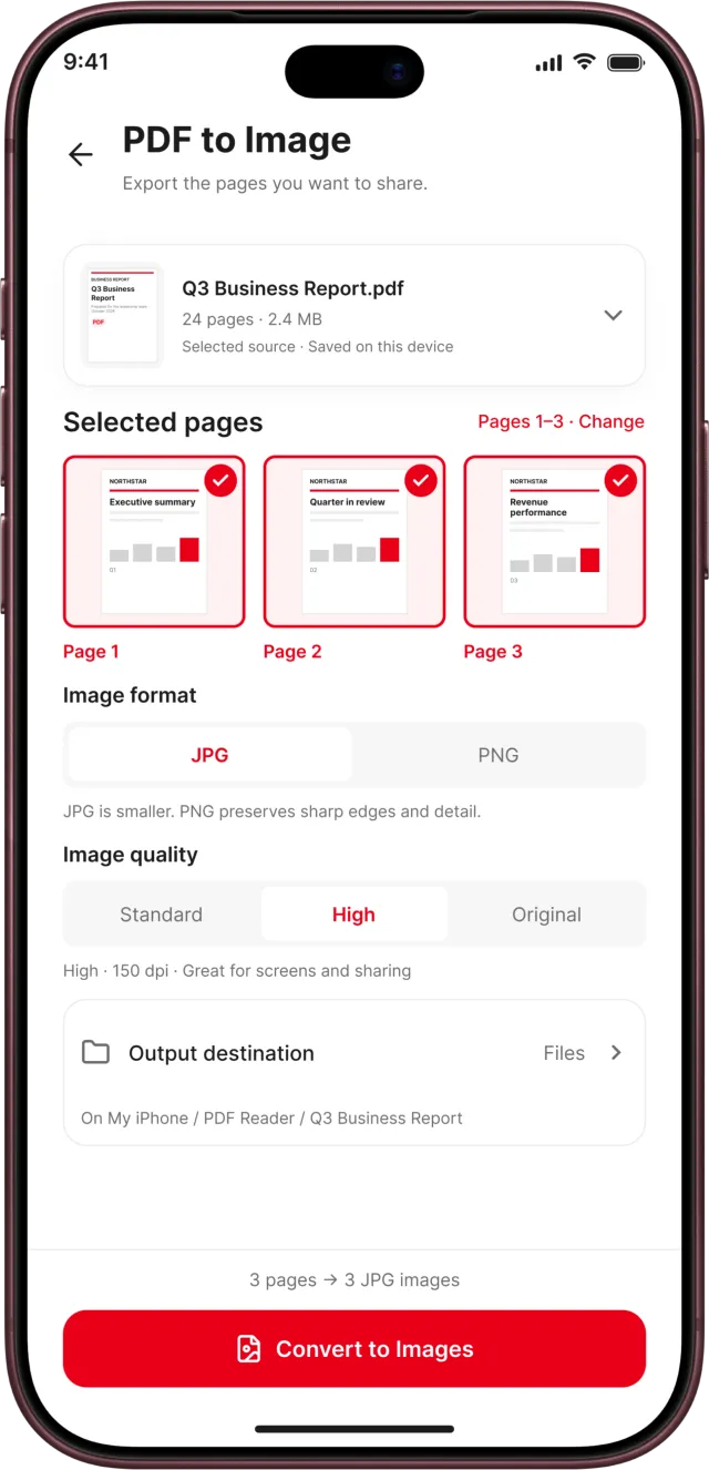 PDF Reader app screenshot: Convert PDF pages to JPG or PNG images